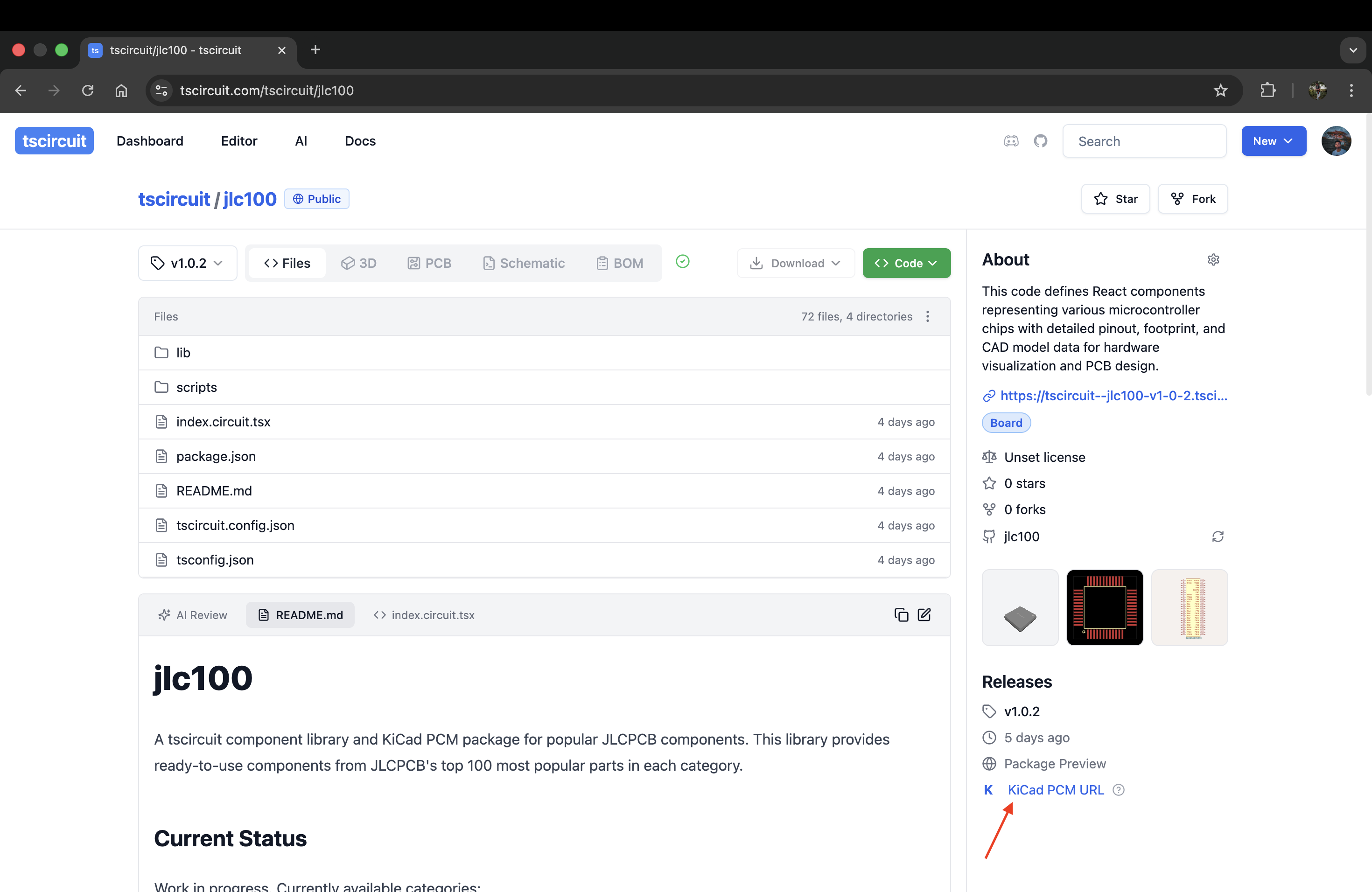 Find the KiCad PCM URL link on the tscircuit package page